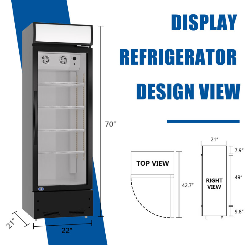 KICHKING 21.7'' Commercial Display Fridge with Glass Door, 8 Cu.ft, with Adjustable Shelves, Black