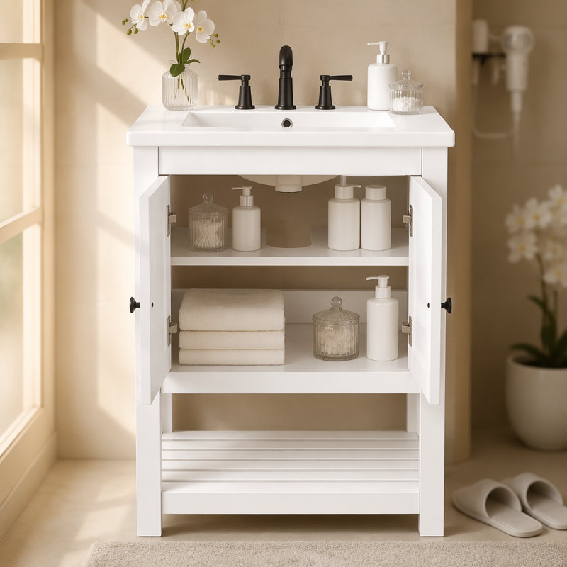 Lavabo de salle de bain moderne élégant en céramique 24 po avec tablette ouverte en bois massif