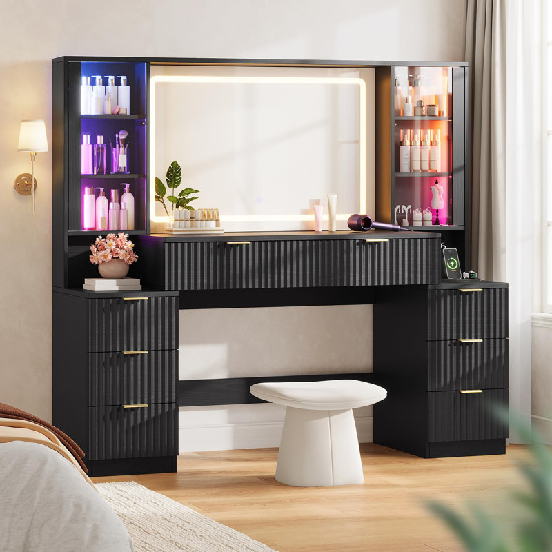 59.1" Fluted Wood Makeup Vanity Desk With Mirror And Led Lights, Large Vanity Dressing Table, 8 Drawers, 2 Glass Cabinets, With Charging Station, Black