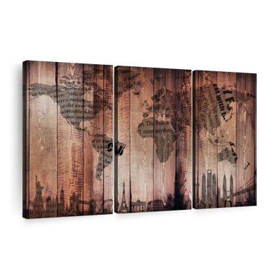 " Wooden Landmark World Map Multi Piece Canvas Print " by Vintage Charm Collective 3 - Pieces