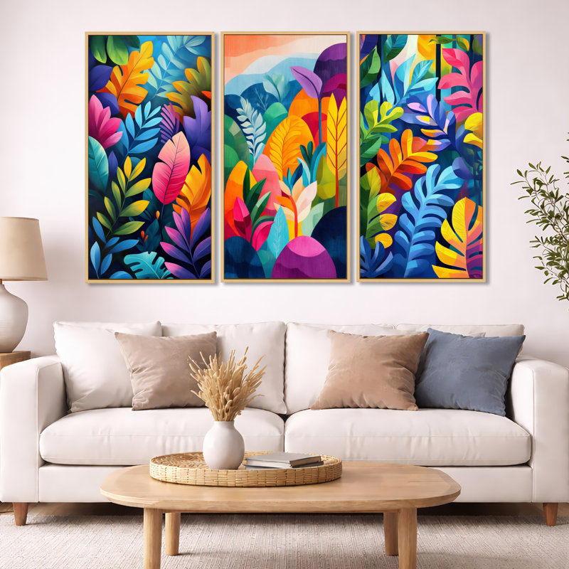 «Tropical Forest Gardens - Blue Floral», art mural 3 pièces, H 40 po x l 60 po, Cadre flottant en bois naturel