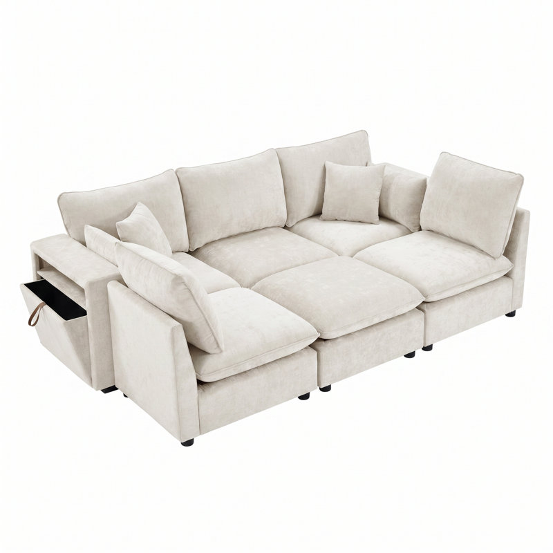 Canapé modulaire moderne de 93,7 po, canapé modulaire, canapé-lit en L, repose-pieds mobile, accoudoirs de rangement et ports USB, mousse haute densité et coussins élégants cousus