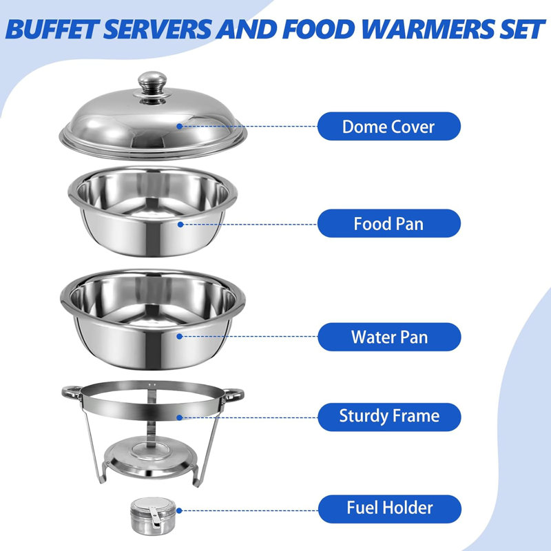 Ensemble de 4 réchauds pour buffet, ensemble de 4 réchauds ronds en acier inoxydable de 5 pte pour les fêtes à domicile, les rassemblements de Noël et les événements de restauration, ensemble complet de chauffe-buffet (argent 4)