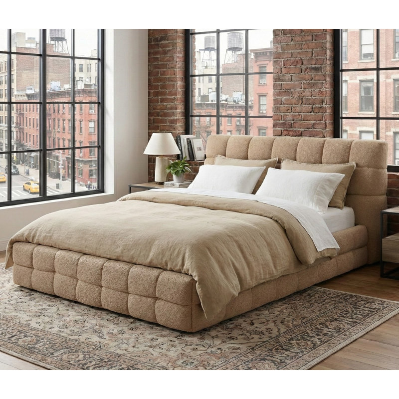 Plush Upholstered Bed, Queen, Camel
