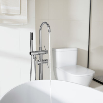 Freestanding Tub Faucet With Handheld Shower, Floor Mount Bathtub Filler In 304 Stainless Steel With 360° Swivel Spout, CUPC Ceramic Valve