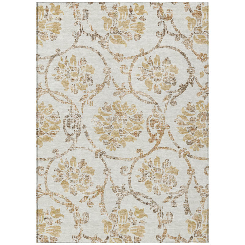3' X 5' Ivory Beige And Gold Floral Washable Indoor Outdoor Area Rug