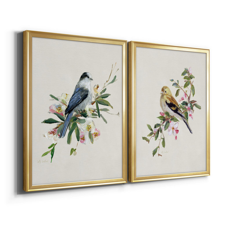 «Spring Song Grey Jay», ensemble de 2 reproductions sur toiles encadrées, H 18,5 po x l 49 po x P 1,5 po, Or