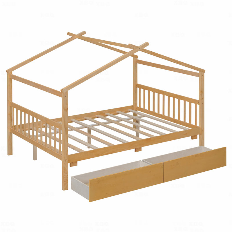 Lit double, maison en bois avec tiroirs, Lit double, Brun