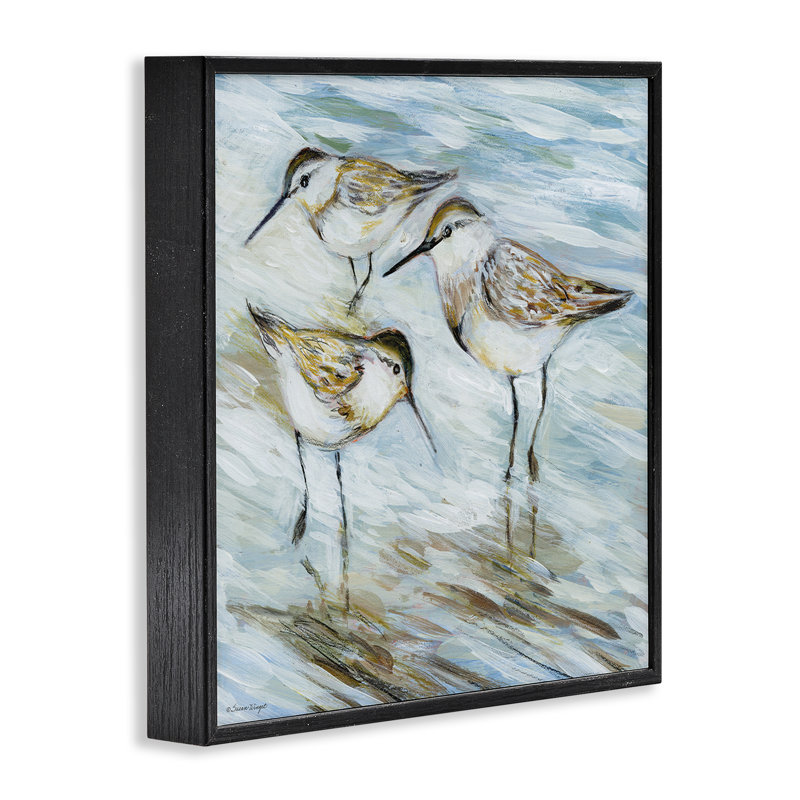 «Wetlands Sandpiper Trio», estampe numérique de Susan Winget, H 17 po x l 17 po, Giclée encadrée noir minuit