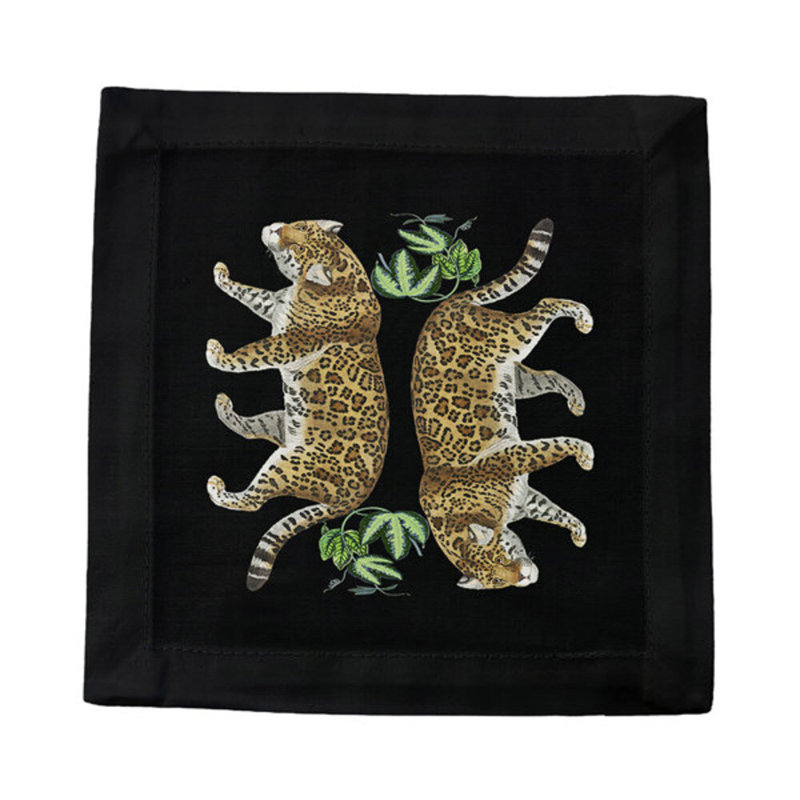 Leopard Seeing Double Cotton Sateen Cocktail Napkins, Black