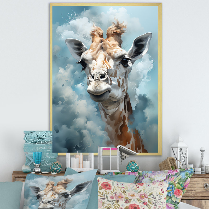 Girafes bleues en harmonie sur toile, Cadre doré simple, H 40 po x l 30 po x P 1,5 po