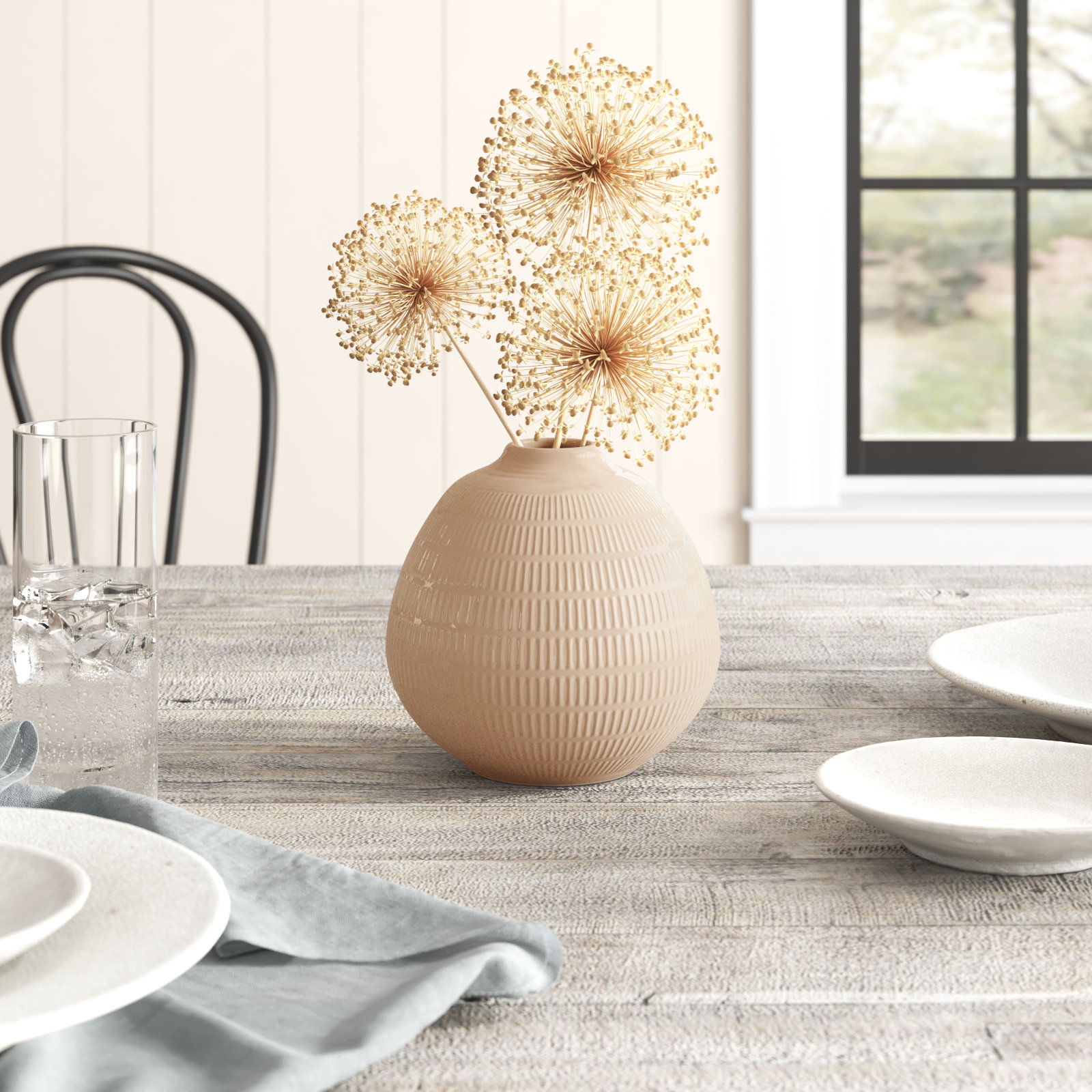 Evelia Ceramic Table Vase, 6" H x 6" W x 6" D, Striped Irish Cream
