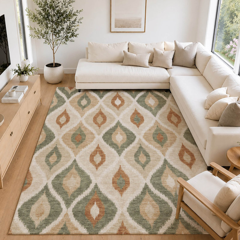 Tapis ikat intérieur / extérieur lavable à la machine Chantille ACN3121, Fern, 9 pi x 12 pi