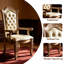 Chaise de salle à manger classique avec accoudoirs, revêtement en cuir doré, structure en bois massif sculpté et coussin capitonné.