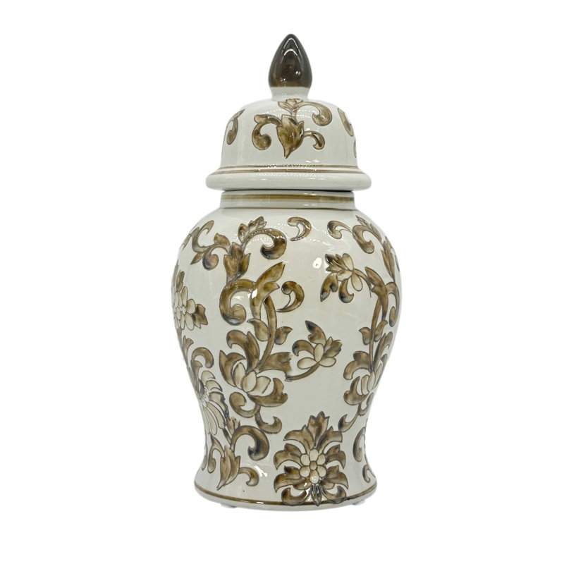 Pot à gingembre de style chinoisrie floral brun et blanc de 14 po