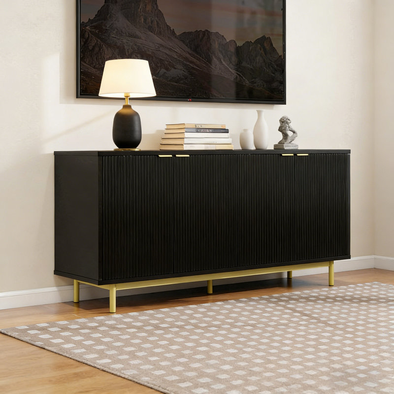 58" Sideboard Buffet - Fits 70" Tvs, Removable And Adjustable Shelves, Multi-Functional Storage Cabinet, Black