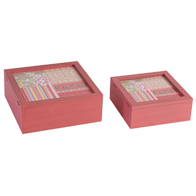 Decorative Storage Box Set Of 2, Clear Top Square Pink Finish, Iron Hardware