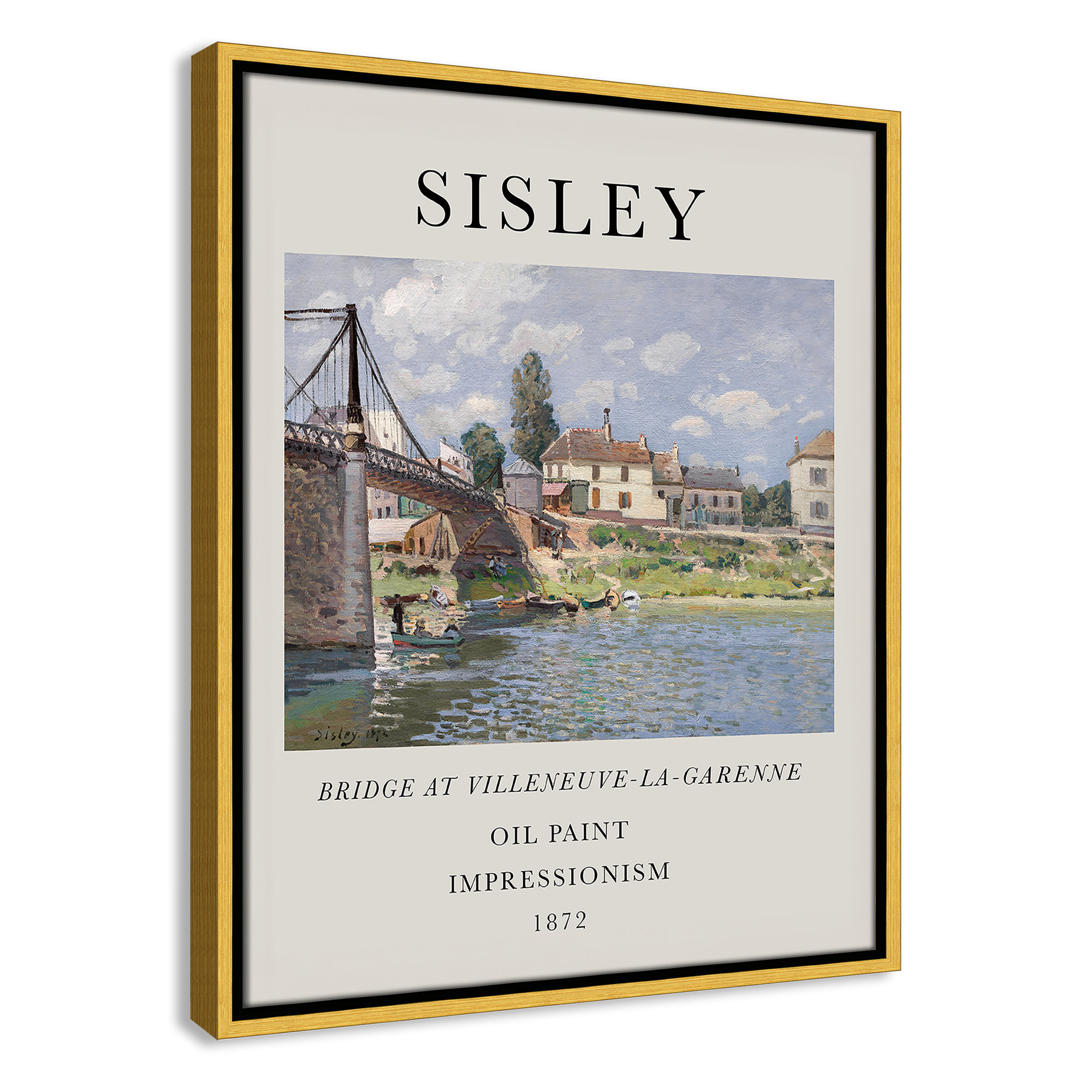 Old Masters Collection " The Bridge At Villeneuve " by Alfred Sisley, Gold Floater Frame, No, 21.5" H x 17.5" W x 2" D