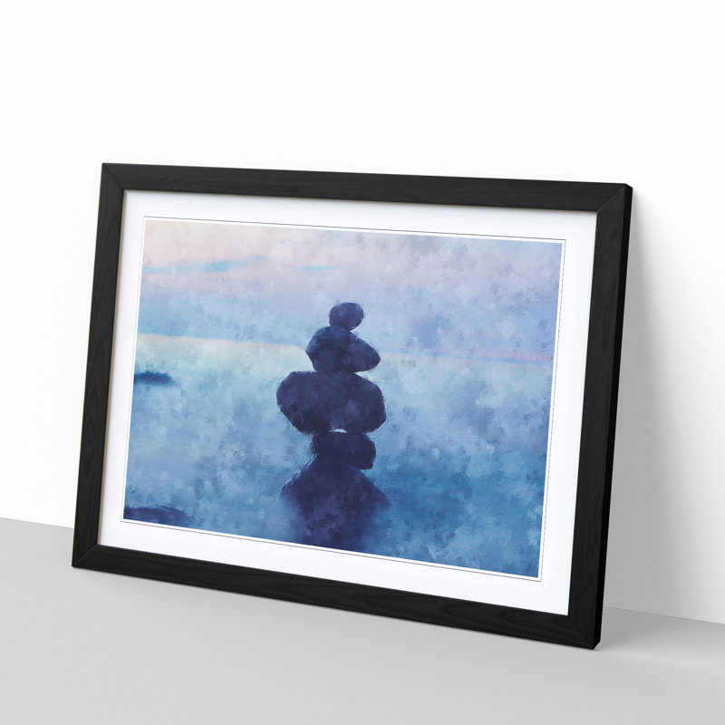 Balancing Zen Stones Upon A Lake - Single Picture Frame Painting on MDF, 45cm H x 63cm W x 2cm D, Black