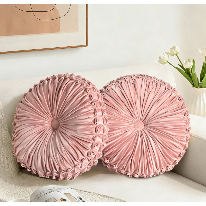 Round Throw Pillow Set Of 2 – Decorative Velvet Ruched Pumpkin Pillows With Button Center, Soft Handmade Cushions For Couch Sofa Bed Farmhouse Vintage Rustic Decor, 14.5"R