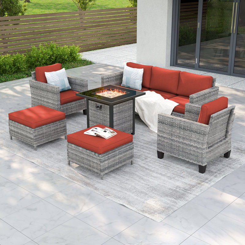 Ensemble de canapés de patio 6 pièces avec foyer de 28 po, osier en rotin PE pour patio, terrasse et cour, Rouge brique, Gris