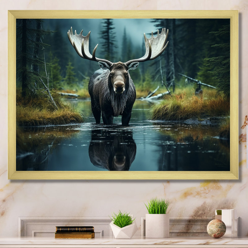 «Green Moose Forest Dusk», art mural orignal, H 34 po x l 44 po x P 1,5 po, Cadre doré simple