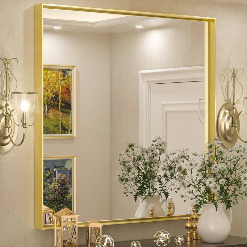 Miroir de salle de bain rectangulaire avec cadre en aluminium et verre trempé, Doré, 36 po x 36 po