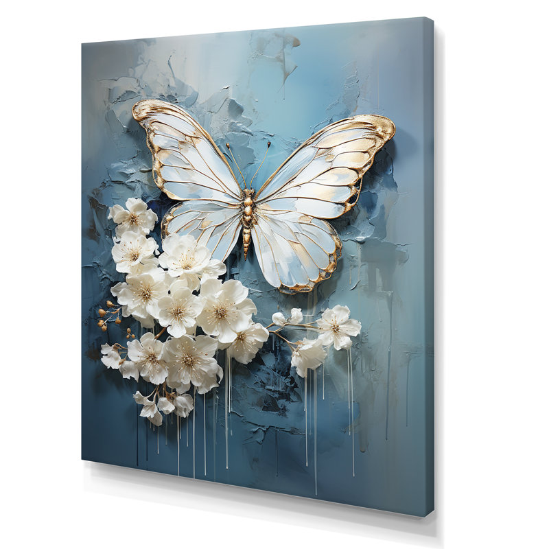 «Butterfly Ethereal Blues Form Abstract Elegance I», art mural papillon, Toile tendue, H 40 po x l 30 po