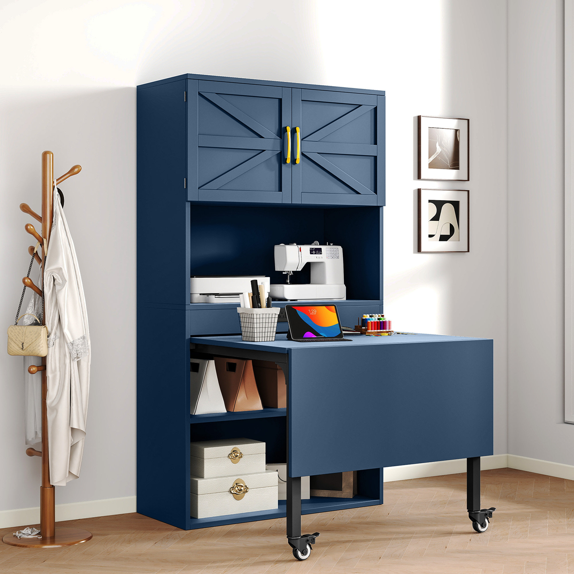 Balconera Expandable Crafting Sewing Table With Storage Cabinet And Power Outlets & Reviews | Wayfair