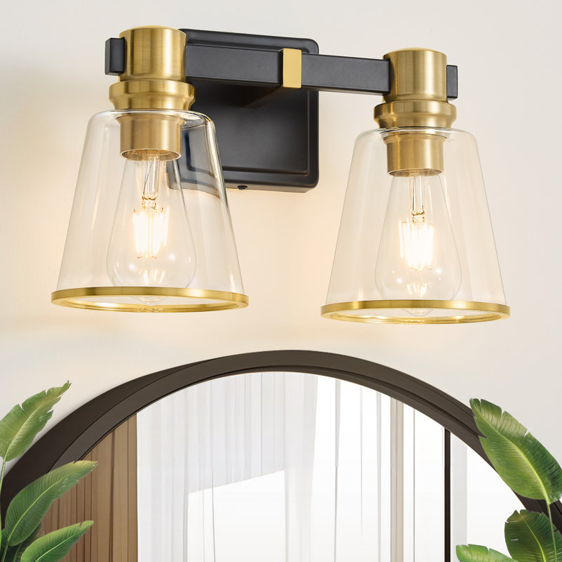 Luminaire de meuble-lavabo moderne à intensité variable Milasia avec abat-jour en verre transparent conique, Noir mat / Or, 2