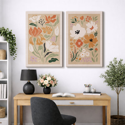 Abstract Botanical "Vibrant Orange & Green Boho Floral Artwork, Modern French Country Wall Pictures, Framed Canvas Giclee Print 2 Pieces Wall Art Set"