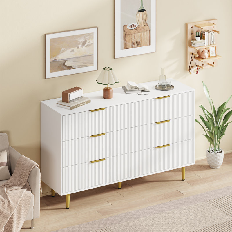 Modern Fluted Drawer Dresser, Wood Chest of Drawers with Metal Handles & Legs, Storage Organizer, White