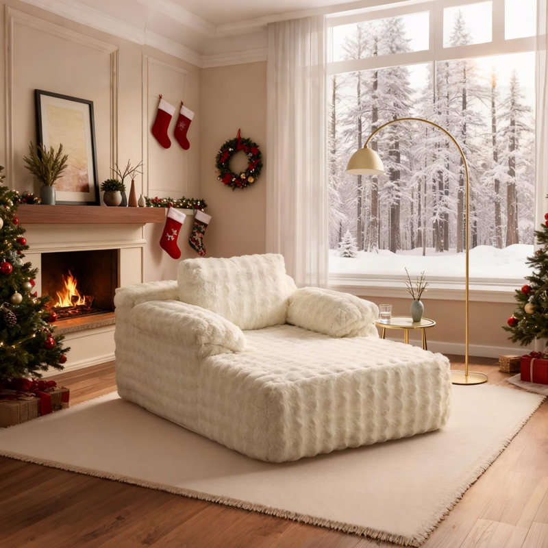 Boneless Velvet Oversized Chaise Lounge Sleeper Sofa, White