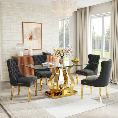 Modern 69" Rectangular Glass Dining Table With Polished Steel Base & Set Of Velvet Upholstered Dining Chairs