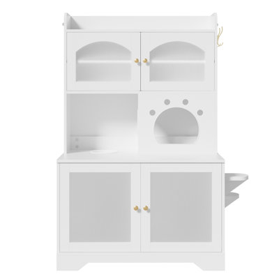 Enceinte de litière pour chat à 3 niveaux avec armoire de rangement, meubles de salle de bain pour chat caché avec portes en verre cannelé et plateformes d'escalade, ensemble pour animal de compagnie et arbre à chat pour la nourriture