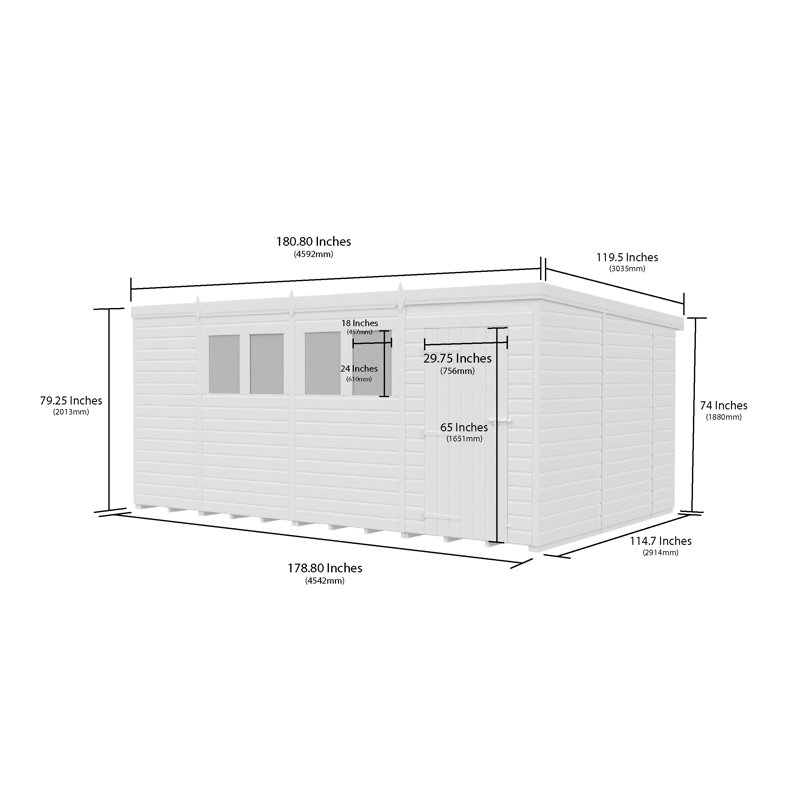 Total Sheds 15ft x 10ft Pent Garden Shed - Single Door - With Windows - Pressure Treated Timber - UK Manufactured