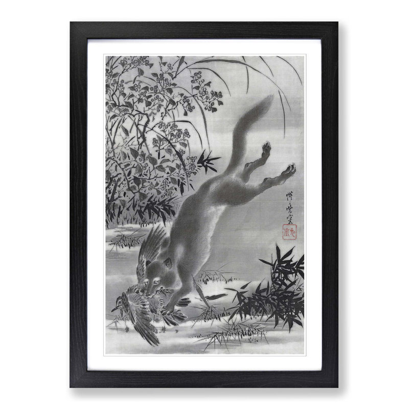 Fox Catching a Bird by Kawanabe Kyosai - Picture Frame Painting Print, 36cm H x 27cm W x 2cm D, Black Framed