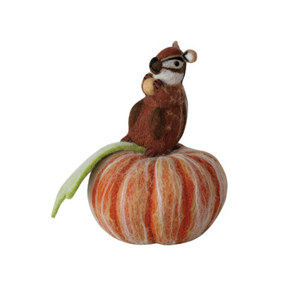 Whimsical Wool Felt Squirrel Figurine on Pumpkin