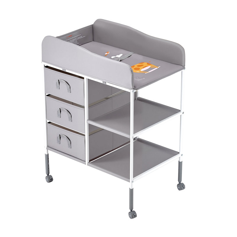 Table à langer réglable en hauteur avec roulettes, organisateur de station de couches portable avec 3 tiroirs en tissu et rails de sécurité pour chambre de bébé
