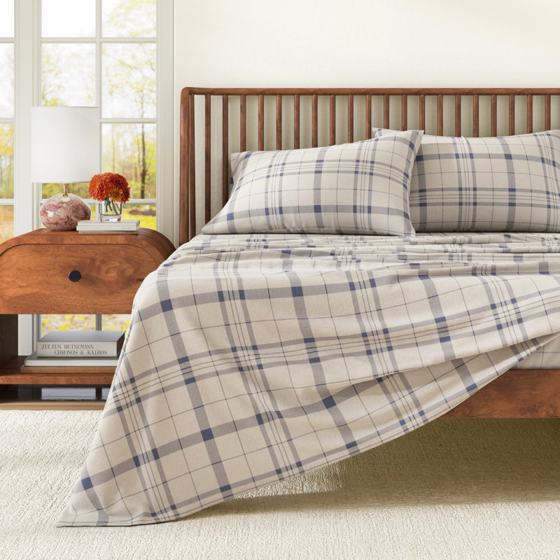 100% Turkish Cotton Plaid Flannel Sheet Sets, Full Sheet Set with 2 Pillowcases, Cool Plaid Striped
