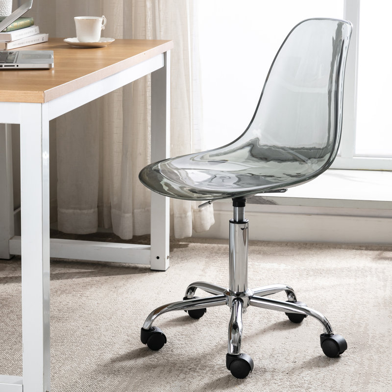 Acrylic Rolling Armless Vanity Swivel Height Adjustable Clear Desk Chair for Home Office With Wheels, Silver, Clear Black