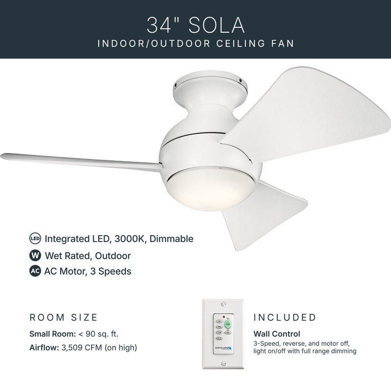 Sola 34" Matte White LED Ceiling Fan, 34", Matte White
