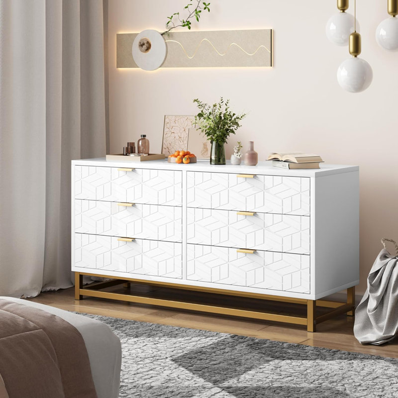 Commode blanche à 6 tiroirs pour la chambre à coucher, commode avec base en métal, commode pour armoire de commode moderne, grande commode pour couloir, garde-robe