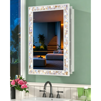 Armoire à pharmacie 20 pi x 30 po à fixation en surface blanche avec miroir pour salle de bain, miroir de meuble-lavabo scintillant incrusté à la main avec rangement pour chambre à coucher, vestibule, 3 tablettes amovibles et rangement