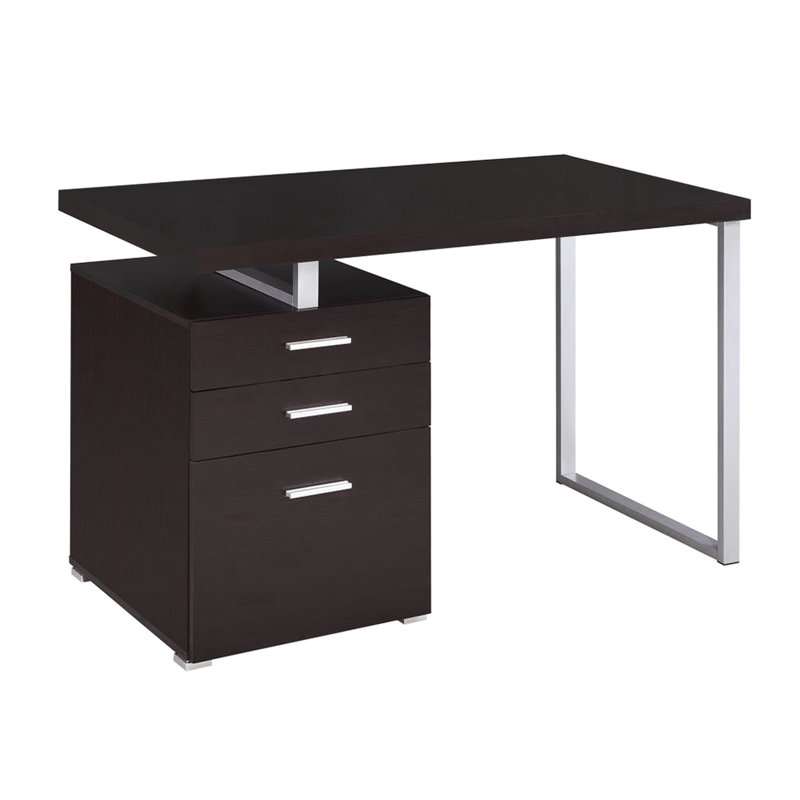 Bureau rectangulaire cappuccino avec grand tiroir et rangement pour dossiers suspendus. Détails métalliques cappuccino.