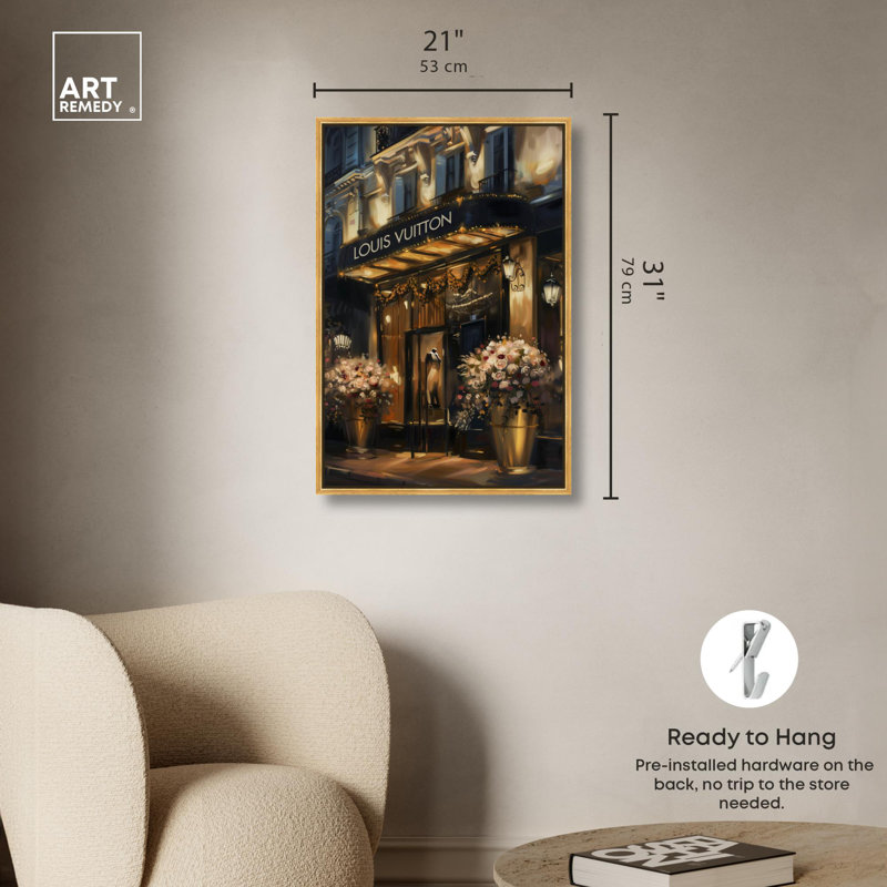 «Elegant Night Storefront» par Art Remedy, H 31 po x l 21 po, Reproduction encadrée sans passe-partout, Doré