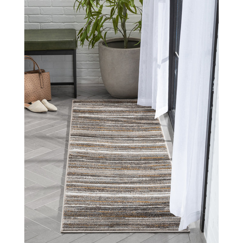 Gray Geometric Striped Polyester Runner Rug