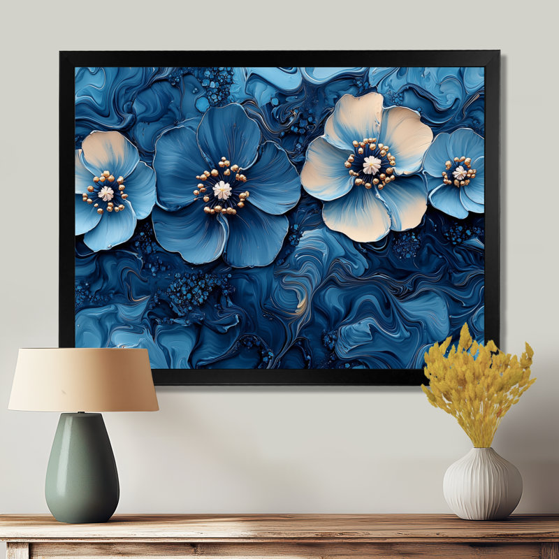 «Aqua Blue Poppies Dreamscape At Night III», art mural coquelicots pour le salon, H 34 po x l 44 po, Cadre simple noir