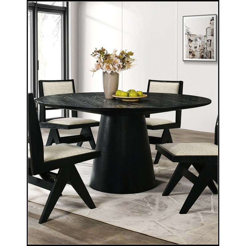 Table de salle à manger ronde moderne noire avec base en piédestal en forme de cône pour des salles à manger compactes et élégantes