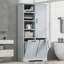 Armoire de rangement pour salle de bain avec portes et tiroirs, panier à linge inclinable, plusieurs espaces de rangement, style autoportant, tablette ouverte, tablette réglable, gris